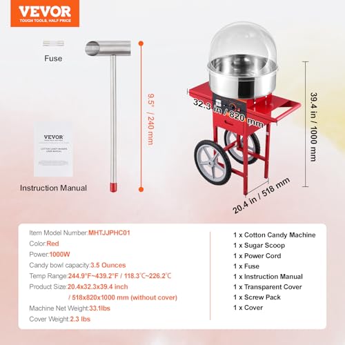 VEVOR Electric Cotton Candy Machine Cart with Cover, Commercial Floss Maker w/Stainless Steel Bowl, Sugar Scoop and Drawer, Perfect for Home, Carnival, Kids Birthday, Family Party, Red