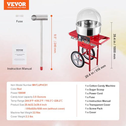 VEVOR Electric Cotton Candy Machine Cart with Cover, Commercial Floss Maker w/Stainless Steel Bowl, Sugar Scoop and Drawer, Perfect for Home, Carnival, Kids Birthday, Family Party, Red