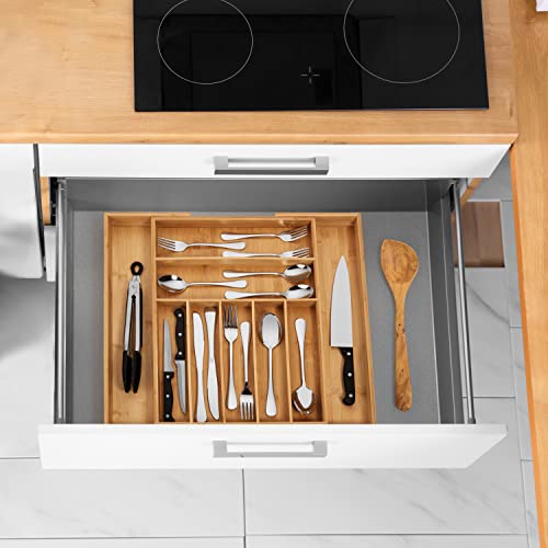 Purawood - Large Premium Bamboo Silverware Organizer - Expandable Kitchen Drawer & Utensil Organizer, 17" x 19.75" Cutlery Tray with Drawer Dividers for Kitchen Flatware (7-9 Slots) (Natural)