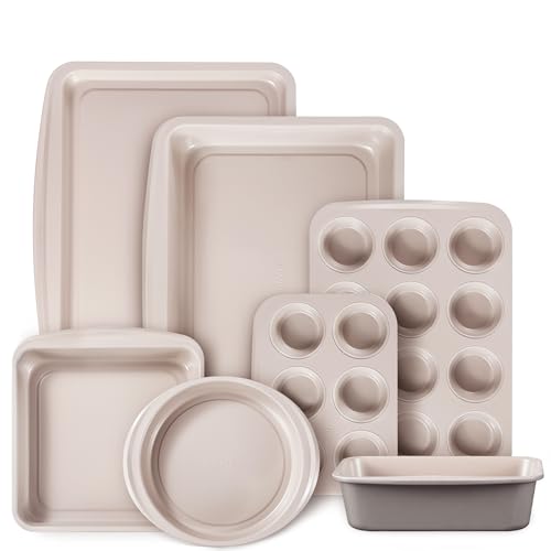 CAROTE 7-Piece Nonstick Stackable Baking Pans Set - Bakeware Sets Including Cookie Sheets for Baking, Muffin Pan, Bread Pan, Cake pan, Loaf Pan, Roasting Pan, Gray & Khaki