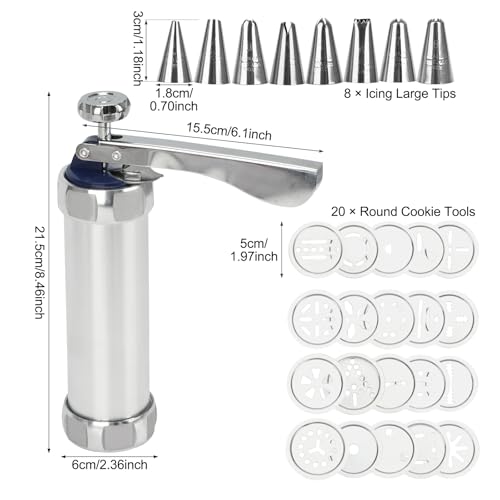 Stainless Steel Cookies Press, Cookies Press for Baking,Cookie Press Gun Kit with 20 Cookie Discs and 8 Piping Tips for DIY cake Maker Decorating Baking Supplies