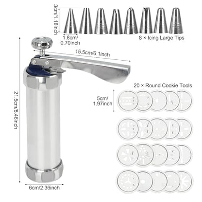 Stainless Steel Cookies Press, Cookies Press for Baking,Cookie Press Gun Kit with 20 Cookie Discs and 8 Piping Tips for DIY cake Maker Decorating Baking Supplies