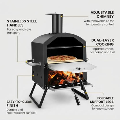 Z1UVDFUR Wood Fired Outdoor Pizza Oven, Portable 2-Layer Pizza Maker with 12" Pizza Stone & Waterproof Cover – Folding Legs, Removable Rack for Camping, Backyard BBQ, Tailgating