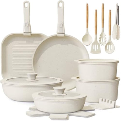 Nonstick 22-Piece Ceramic Cookware Set with Removable Handles, Cream White, Induction Ready, Oven Safe, Stackable
