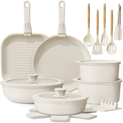 Nonstick 22-Piece Ceramic Cookware Set with Removable Handles, Cream White, Induction Ready, Oven Safe, Stackable