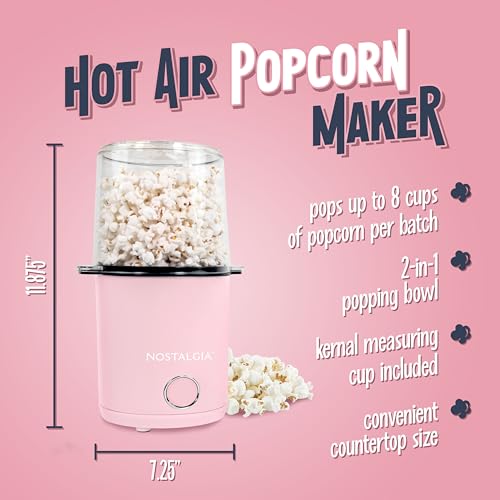 Nostalgia 8-Cup Hot Air Popcorn Maker & Bowl - 2-In-1 Bowl & Lid, 2 oz Measuring Cup - Oil-Free Pop Corn for Movie Night, Snacks, Birthday Parties, and More - Pink