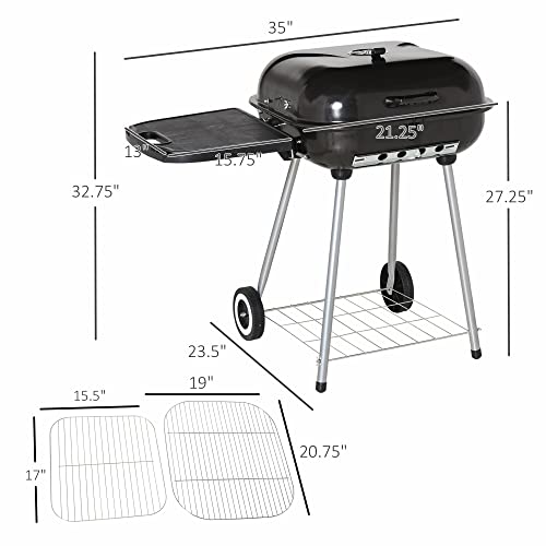 Outsunny Portable Charcoal Grill with Foldable Side Shelf and Bottom Shelf, BBQ Smoker with Wheels and Adjustable Vents on Lid for Picnic Camping Backyard Cooking, Black