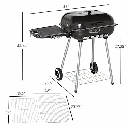 Outsunny Portable Charcoal Grill with Foldable Side Shelf and Bottom Shelf, BBQ Smoker with Wheels and Adjustable Vents on Lid for Picnic Camping Backyard Cooking, Black