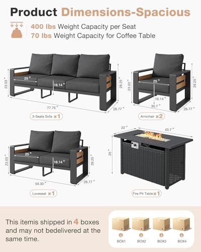 Aoxun Aluminum Patio Furniture Set with Fire Pit Table, 5 Piece Luxury Outdoor Sectional with 6" Olefin Fabric Cushions, Patio Conversation Sets with Waterproof Cover for Backyard, Porch Dark Grey