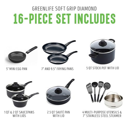 GreenLife 16 Piece Nonstick Cookware Set, Soft Grip Non-Toxic PFAS-Free Ceramic Pots & Pans, Dishwasher & Oven Safe, Frying, Sauce, Saute, Utensils, Glass Lids, Stay-Cool Handles, Wobble Free, Black