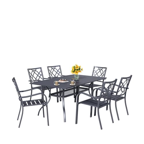 Omelaza 7 Pieces Patio Metal Furniture Outdoor Dining Set with 6 Stackable Bistro Chairs, and 60'' x 37'' Rectangle Table with Umbrella Hole (Black)