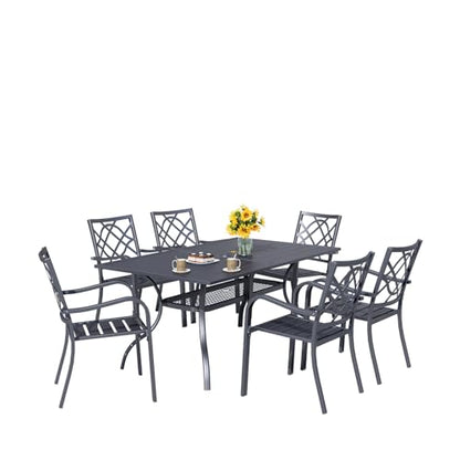 Omelaza 7 Pieces Patio Metal Furniture Outdoor Dining Set with 6 Stackable Bistro Chairs, and 60'' x 37'' Rectangle Table with Umbrella Hole (Black)