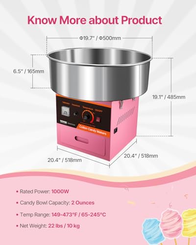 VEVOR Electric Cotton Candy Machine, 1000W Commercial Floss Maker w/Stainless Steel Bowl, Sugar Scoop and Drawer, Perfect for Home, Carnival, Kids Birthday, Family Party, Pink