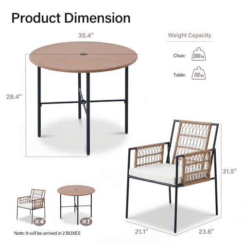LAUSAINT HOME 5 Piece Outdoor Patio Dining Set, PE Rattan Patio Furniture Set with 4 Cushioned Armchairs & 1 Round Dining Table with Umbrella Hole, Steel Frame for Backyard, Porch, Poolside, Beige