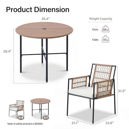 LAUSAINT HOME 5 Piece Outdoor Patio Dining Set, PE Rattan Patio Furniture Set with 4 Cushioned Armchairs & 1 Round Dining Table with Umbrella Hole, Steel Frame for Backyard, Porch, Poolside, Beige