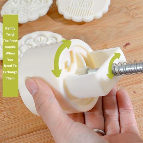Moon Cake Mold 6 PCS, Mid Autumn Festival DIY Hand Press Cookie Stamps Pastry Tool Moon Cake Maker, Flower Mode Patterns 1 Mold 6 Stamps 50g (White).