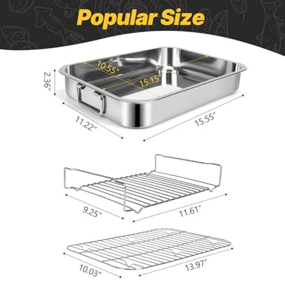 15.5" Stainless Steel Roasting Pans with Handles, Baking Pan for Oven with 2 Racks, Heavy Duty, Dishwasher Safe Rectangular Lasagna Pan with Handles for Turkey Chicken, Silver