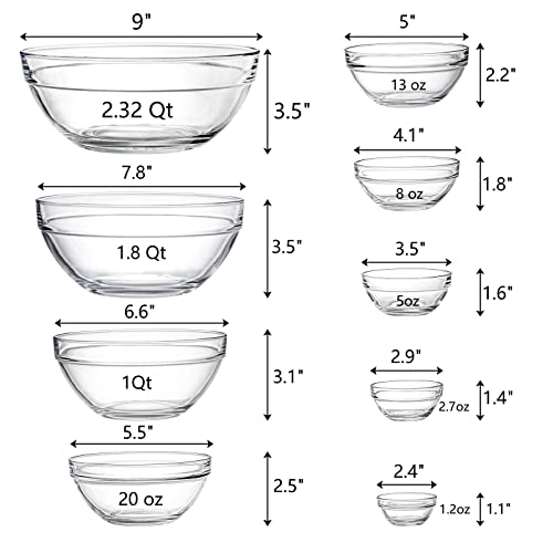 Lawei Set of 9 Glass Mixing Bowls - Glass Nesting Bowls Prep Bowl Clear Salad Bowls for Kitchen Prep Salad, Cereal, Ice Cream, Pasta, Fruits