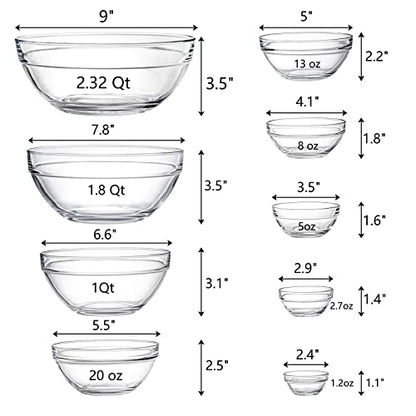 Lawei Set of 9 Glass Mixing Bowls - Glass Nesting Bowls Prep Bowl Clear Salad Bowls for Kitchen Prep Salad, Cereal, Ice Cream, Pasta, Fruits