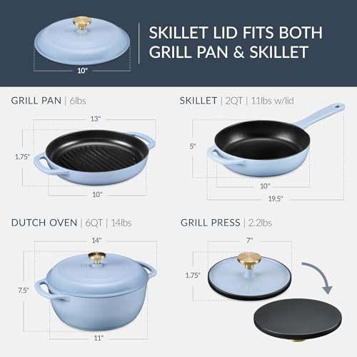 Best Choice Products Non-Stick Pot & Pan Cookware Set, Cast Iron, 2Qt Skillet W/Lid, 10" Grill Or Griddle Pan W/Press, 6Qt Enameled Dutch Oven, Non-toxic, For Cooking & Grilling - Cornflower