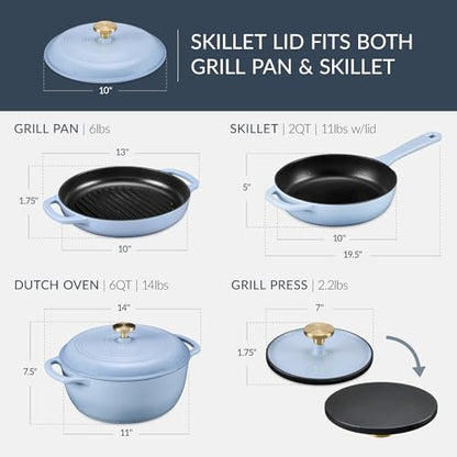 Best Choice Products Non-Stick Pot & Pan Cookware Set, Cast Iron, 2Qt Skillet W/Lid, 10" Grill Or Griddle Pan W/Press, 6Qt Enameled Dutch Oven, Non-toxic, For Cooking & Grilling - Cornflower