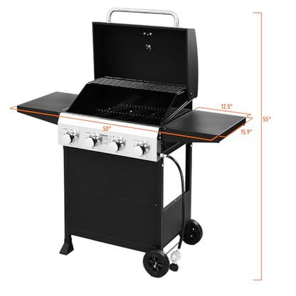 ROVSUN 4-Burner Propane Gas BBQ Grill with Foldable Side Tables & Enameled Cast Iron Grates, 40,000 BTU Barbecue Grill with Portable Wheels for Outdoor Patio Backyard Cooking Grilling, Black