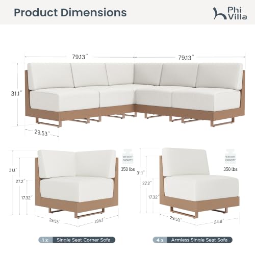 PHI VILLA 5 Piece Wicker Patio Sectional Furniture Set 8.7" Thick Cushions