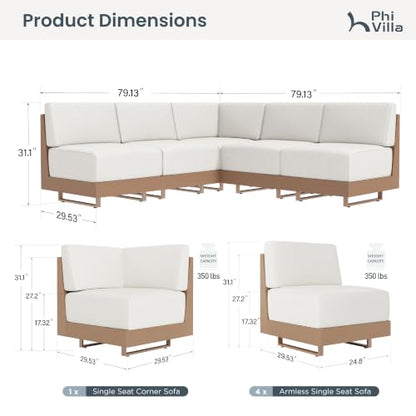PHI VILLA 5 Piece Wicker Patio Sectional Furniture Set 8.7" Thick Cushions