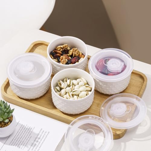 Mosuji 10 oz Set of 4 Oven-Safe Porcelain Ramekins with Lids, Large White Souffle and Creme Brulee Baking Dishes, Ramekin Bowls for Sauce and Dessert