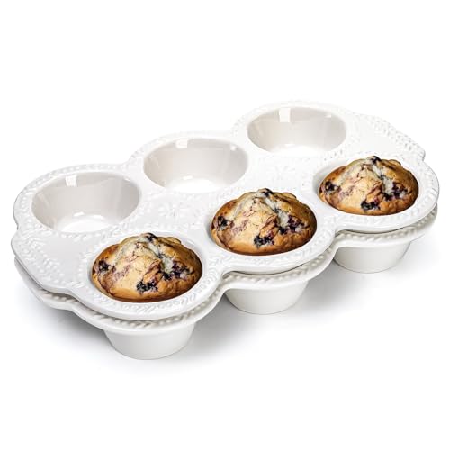 Hiceeden 2 Pack 6-Cup Ceramic Muffin Pan, Nonstick Cupcake Baking Pans with Handle, Ceramic Muffin Tin with Embossed Pattern for Muffin, Cupcake, White