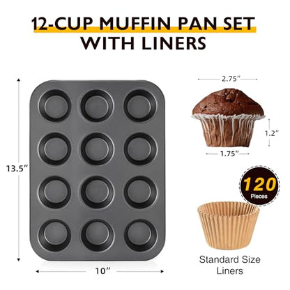 HONGBAKE Muffin Pans with 120 Natural Parchment Liners, Nonstick Cupcake Baking Tray for Oven, Premium Standard Size, 12 Cup, 2 Pack, Dark Grey
