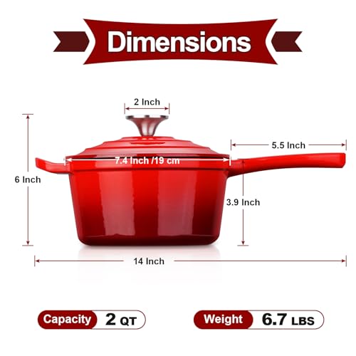 HaSteeL 2 QT Cast Iron Saucepan, Mini Enamel Dutch Oven with Lid, Small Non Stick Pan for Milk, Pasta Tomato Sauce, Butter, Breakfast, Soup, Suitable for Boiling Stewing Frying, Easy to Clean, Red