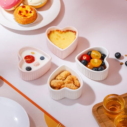 VanEnjoy 4 pack 5oz Heart Shaped Ramekins Ceramic Bowl Bakeware for Souffle Creme Brulee Oven and Dishwasher Safe Baking Dishes Cute White Cookware for Kitchen