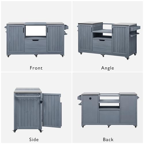 Amposei Outdoor Grill Cart Table for Large Big Green Egg Accessories 66.5’’ Solid Wood Kitchen Storage Island Prep Station with Stainless Steel Top for BBQ, Grey Blue