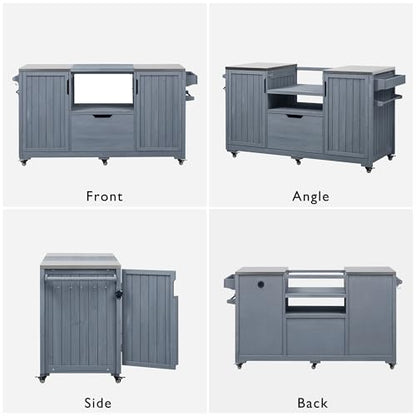 Amposei Outdoor Grill Cart Table for Large Big Green Egg Accessories 66.5’’ Solid Wood Kitchen Storage Island Prep Station with Stainless Steel Top for BBQ, Grey Blue