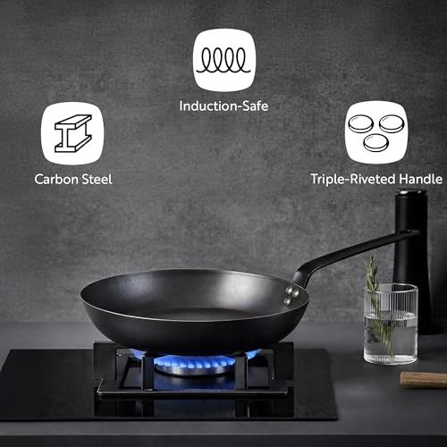 Restaurantware Met Lux 16 Inch Fry Pan, 1 No-Stick Frying Pan - Induction-Ready, Triple-Riveted, Silver Carbon Steel Cooking Skillet, Durable, For Searing, Sauteing, And Browning Food