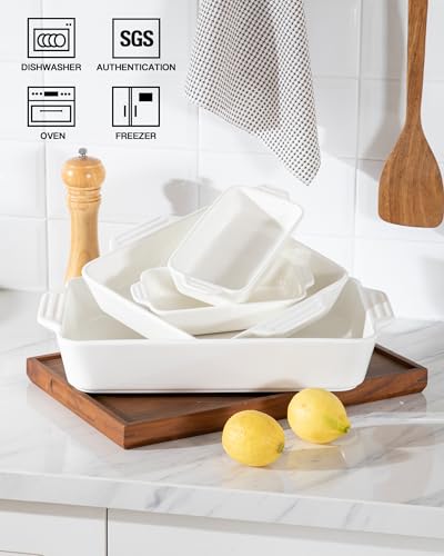 Sweejar Ceramic Bakeware Set of 4, Casserole Dishes for Oven, Rectangular Baking Dish with Handles, Lasagna Pans Deep for Cooking, Gratin, Roasting, Banquet and Daily Use (White)