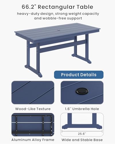 BIVODA 7-Piece Outdoor Dining Set, HDPE All-Weather Patio Table and Chairs Set for 6, Outdoor Patio Furniture Sets with Umbrella Hole for Outside, Deck, Backyard, Garden (Navy Blue)