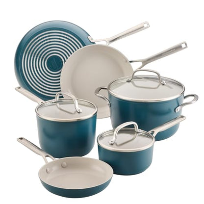KitchenAid Hard Anodized Ceramic Induction Nonstick Pots and Pans Set with Saucepans, Frying Pans, Stockpot, and Lids, Dishwasher Safe, 9 Piece Cookware Set with Stainless Steel Handles - Agave Blue