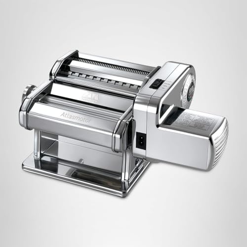 MARCATO Made in Italy Atlasmotor 110V Electric Pasta Machine, Chrome Steel. Set includes Atlas 150, handcrank, clamp, Pastadrive motor, and instruction manual