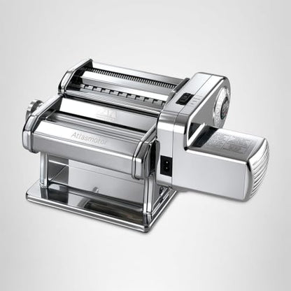 MARCATO Made in Italy Atlasmotor 110V Electric Pasta Machine, Chrome Steel. Set includes Atlas 150, handcrank, clamp, Pastadrive motor, and instruction manual