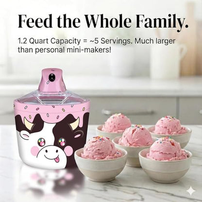 Cooler Concepts 1.2 Qt Cow Electric Ice Cream Maker for Kids - Best Countertop Ice Cream Machine for Homemade Soft Serve, Sorbet, Gelato, Frozen Yogurt - Fun Desserts for Families, Easy to Clean