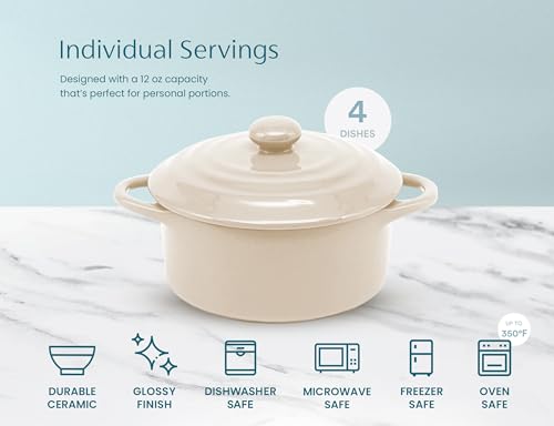 Kook Ceramic Mini Cocotte Set, Small Casserole Dishes with Lids and Handles, Individual Baking Ramekins, Oven, Microwave & Dishwasher Safe, Stoneware, 12 oz, Set of 4, Ivory