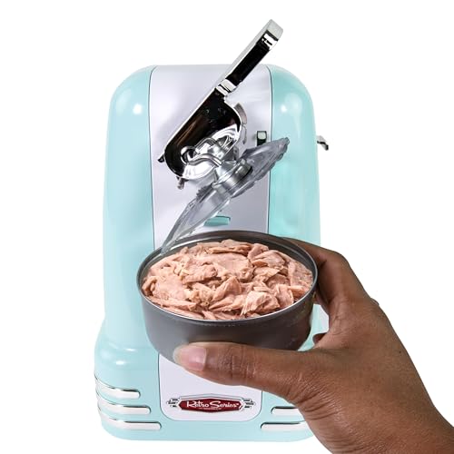 Nostalgia Retro Electric Can Opener for Kitchen with Magnetic Lid Remover, Knife Sharpener, and Soda or Beer Bottle Opener, Aqua