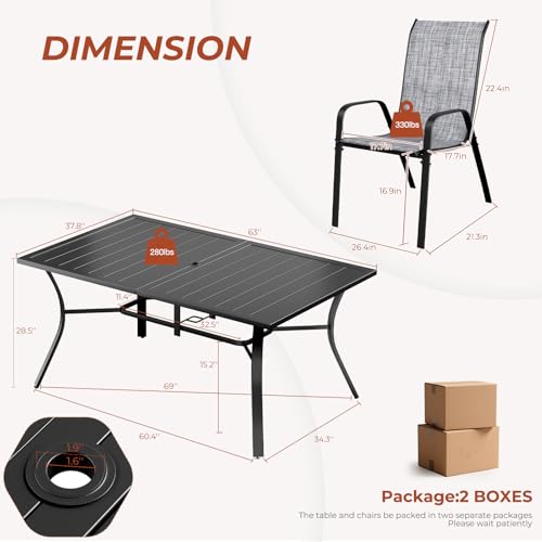 TLSUNNY 7 Piece Patio Dining Set for 6, Outdoor Table and Chairs W/1.6" Adjustable Umbrella Hole & Foot Pads, 63''x38'' Rectangular Metal Table and Stackable Textilene Chair (Grey)