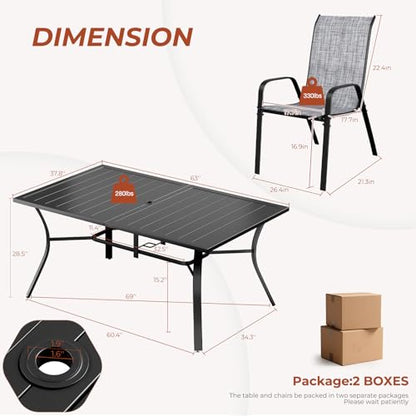 TLSUNNY 7 Piece Patio Dining Set for 6, Outdoor Table and Chairs W/1.6" Adjustable Umbrella Hole & Foot Pads, 63''x38'' Rectangular Metal Table and Stackable Textilene Chair (Grey)