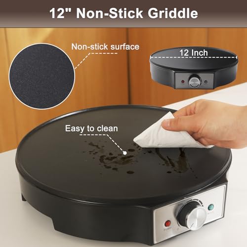 UVFAST Electric Crepe Maker 12'' & Griddle - Non-Stick Pan With Spreader for Roti, Tortilla, Blintzes, Pancakes - Adjustable Temperature, 1000W