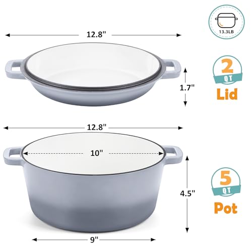 TeamFar 5 Quart Enameled Cast Iron Dutch Oven, 2-In-1 Dutch Oven Pot Cookware with Skillet Lid for Bread Baking Braising Stewing Roasting, Sturdy & Nonstick, Oven Safe & Fit for Induction (Grey)
