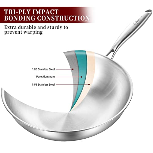 LOLYKITCH Tri-Ply 13 Inch Stainless Steel Wok Pan with Lid, Stir-Frying Pan,Induction Wok,Dishwasher and Oven Safe,Heavy Duty and Detachable handle.