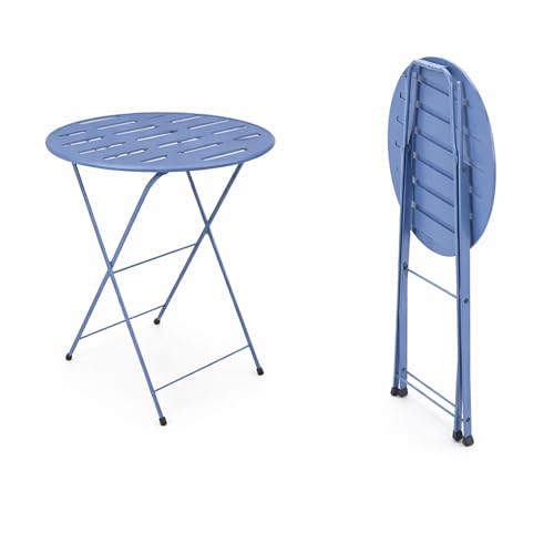 Alpine Corporation VTFAM168A-BL 3-Piece Blue Metal Folding Bistro Set – 20" Round Patio Table with 2 Folding Chairs – Portable Indoor/Outdoor Balcony & Garden Furniture Set